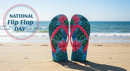 Fototapeta premium National Flip Flop Day Celebration on Tropical Beach Fun Summer Vibes, Footwear, Holiday
