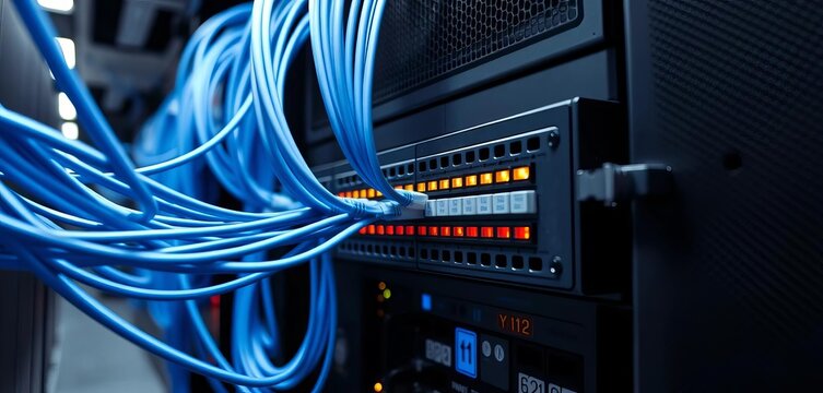 High-density network switch with ethernet cables in data center,   server room,  cabling