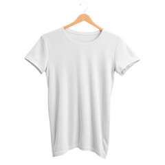 White T-Shirt on Hanger: A clean, simple, and stylish white t-shirt hangs neatly on a wooden hanger, ready for design or showcasing.