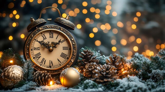 Vintage alarm clock showing midnight on christmas eve with pine cones and snow