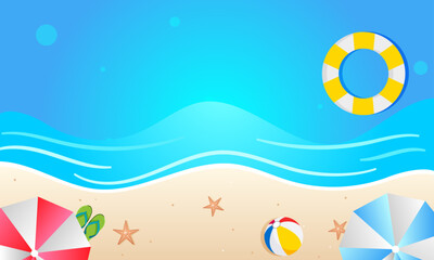 Beautiful Summer beach scene with copy space for your text, Holiday or vacation concept with parasols, star fish, sand and ocean