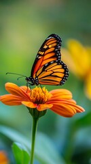 Obraz premium Vibrant monarch butterfly perched delicately on a bright orange zinnia flower, showcasing intricate wing patterns against a soft, blurred green background of nature's garden.