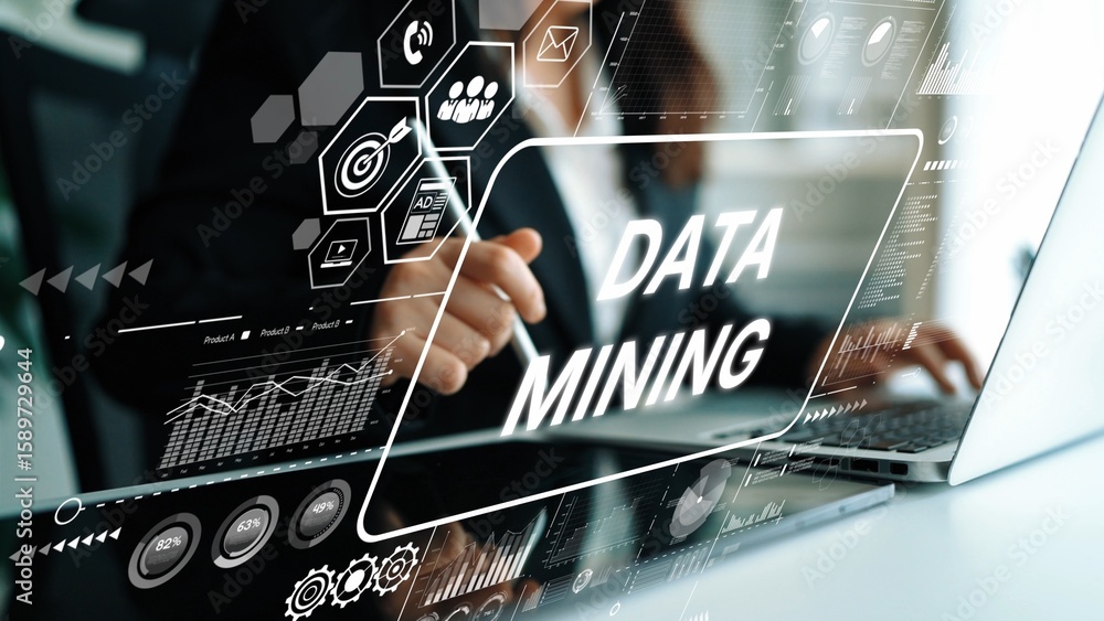 Poster business professional analyzing data with modern laptop and digital interface displaying data mining