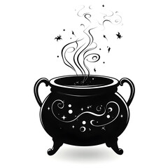 Black magic cauldron brewing a sparkling potion with bats and stars