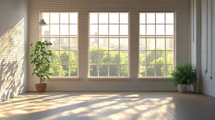 Fototapeta premium Empty loft studio with warm sunlight through large windows, lifestyle interior style