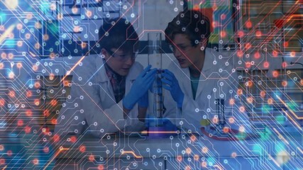 Boys lifting tube and sliding metal rod to assemble lab device while digital circuits intensifying - Powered by Adobe