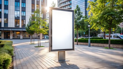 A modern billboard stands on a city sidewalk with trees and sunlight