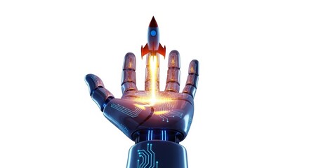 A futuristic robot hand with a rocket launching from its index finger, symbolizing innovation and success