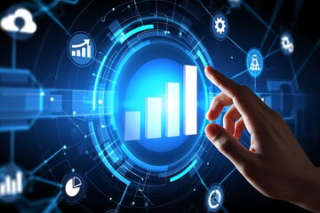 Human hand interacting with a futuristic digital interface displaying glowing blue charts and data analytics icons representing cloud computing and business growth