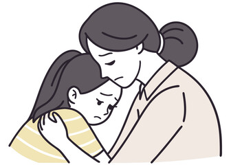 Obraz premium A daughter with a sad expression hugs her mother tightly, seeking comfort in an emotional moment, modern flat illustration style