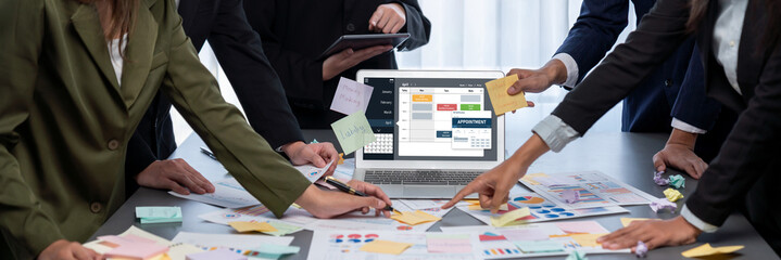 Analyst team use sticky note for creative and analytic brainstorm for business idea with BI data...
