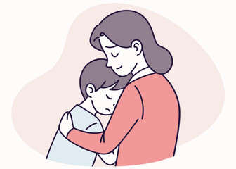 A heartwarming scene of a sad child tightly hugging their mother for comfort and love, modern flat illustration style