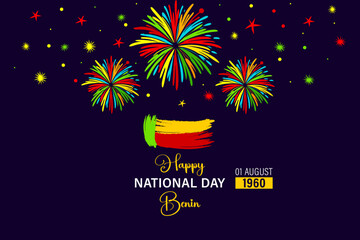 Benin Independence day modern greeting banner. Festive horizontal templates in flag colors fireworks