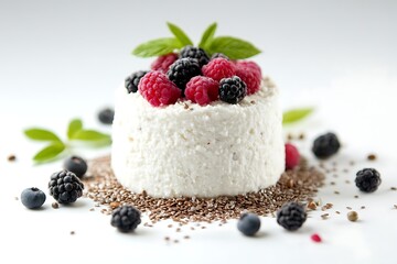 Cottage cheese dessert with fresh raspberries and blackberries on flax seeds, healthy treat