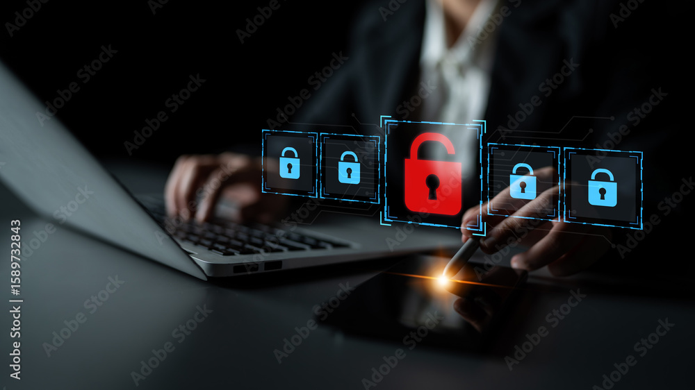 Poster digital security concept illustrating a cybersecurity breach, with a red unlocked padlock indicating