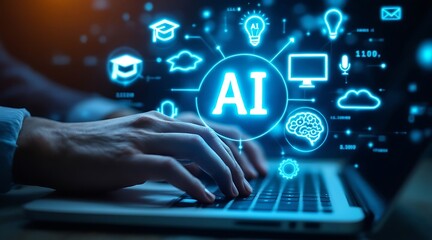 Person typing on laptop with glowing A I technology icons artificial intelligence