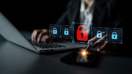 Digital security concept illustrating a cybersecurity breach, with a red unlocked padlock...