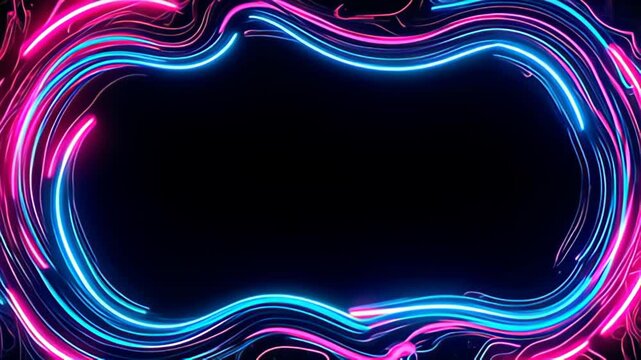 Visualize a dynamic Cyberpunk Border Frame in electric magenta and teal, enclosed by fast-flowing ribbons of color that constantly reshape and pulse, captivating viewers with its fluid