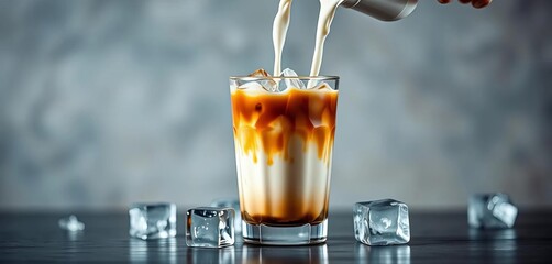 Iced latte, milk pouring into glass, coffee, ice cubes,  overhead,  sweet