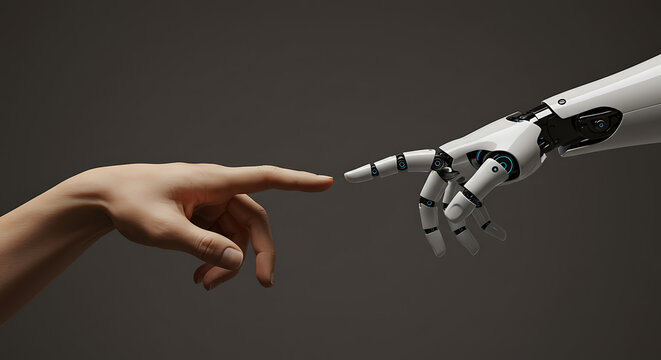 Human and Robotic Hands Reaching for Connection: Symbolizing AI, Technology, and the Future of Humanity