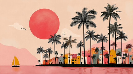 Fototapeta premium Serene coastal town bathed in the warm glow of a setting sun, with palm trees swaying and a sailboat gliding across tranquil waters