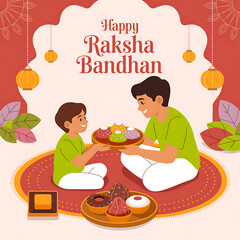 Happy Raksha Bandhan: Kids Sharing Sweets with Floral Border | Raksha Bandhan Poster 