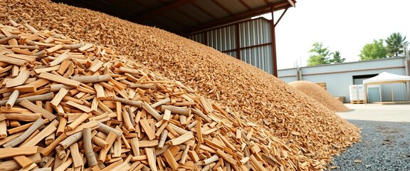 Large pile of wood chips at outdoor storage facility, pile, material