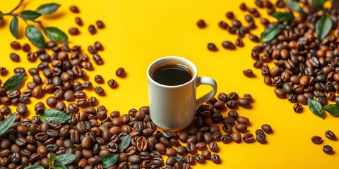 Naklejka premium Espresso shot, vibrant yellow backdrop, coffee beans surround, coffee beans, coffee culture