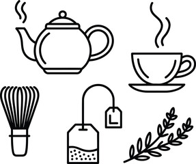 Collection of stylized icons representing tea brewing and enjoyment