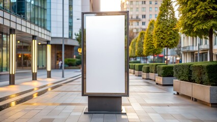 A modern billboard stands empty on a city street with trees and buildings