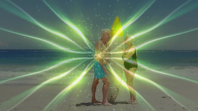 Health senior woman testing wax causing man inspecting bottom for surfing with sparkles