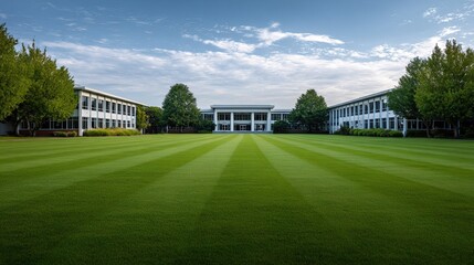 Wide shot of manicured lawn with symmetrical buildings