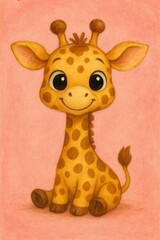 Adorable baby giraffe sitting on a pink background, creating a heartwarming and charming scene