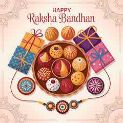 Happy Raksha Bandhan with Sweets, Gifts, and Rakhis Flat Lay | Raksha Bandhan Poster
