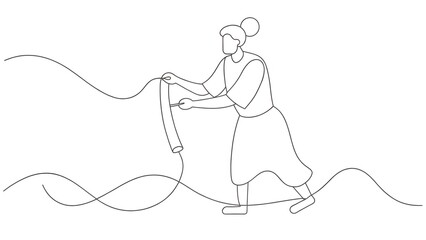 A woman creates with thread and needle in a single continuous line drawing, representing craftsmanship