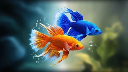 Two vibrant betta fish, blue and orange, in a  aquarium setting