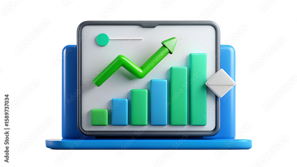 Poster 3d illustration of a digital tablet displaying a growing financial chart with upward trending arrow 