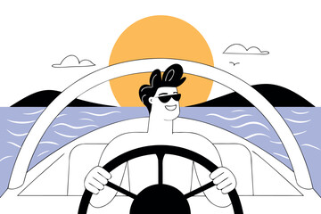 Happy man steering luxury yacht on sunny day, vector illustration with blue waves