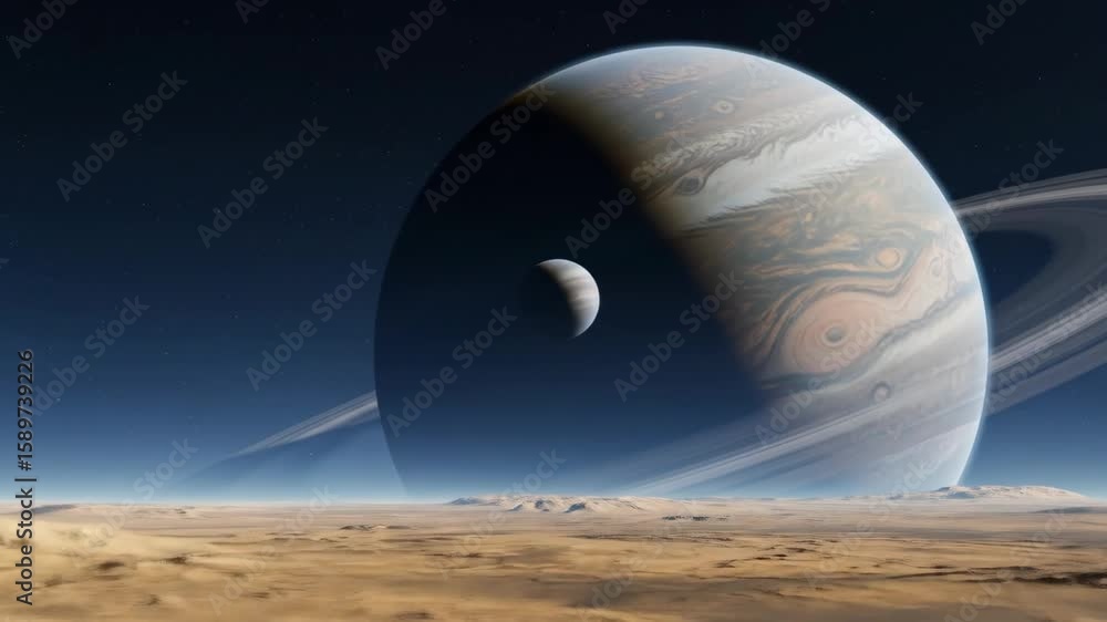 Poster alien planet with rings and moon - a breathtaking view of a desert planet dominated by a massive rin