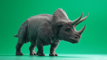 Fototapeta premium A powerful 3D rendered Triceratops, a majestic prehistoric herbivore, stands confidently against a vibrant green screen backdrop, ideal for dynamic compositing and educational content creation