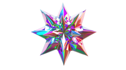 Colorful geometric star sculpture reflecting light in a bright environment with a smooth surface and sharp points
