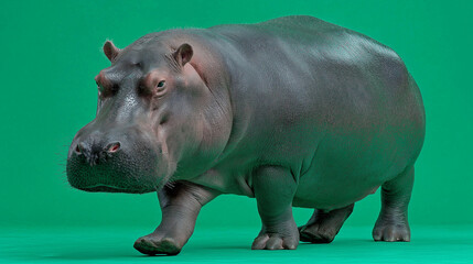 Obraz premium Majestic Hippopotamus Strolling on Green Background
