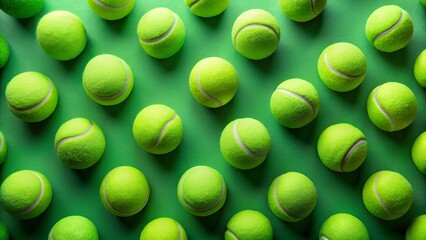 A vibrant pattern of bright green tennis balls arranged on a green surface