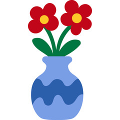 Cartoon blue vase with wavy pattern and red flowers flat floral illustration