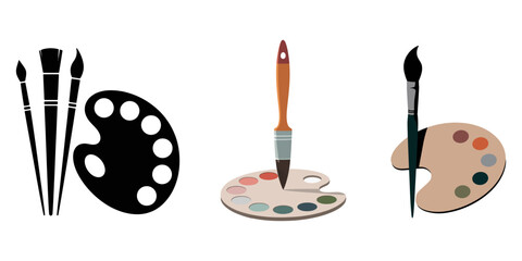 Painter palette and paint brush. icon vector on white background, artist palette design silhouette vector illustration, Flat illustrations of painting palettes, Palette with brushes Vector, Palette