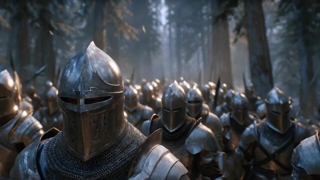 Heavily Armored Knights in a Dense Forest Preparing for an Epic Ancient Battle.