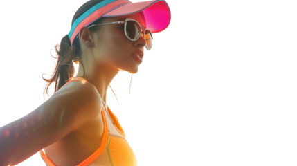 Young woman enjoys sunny day wearing sporty attire and accessories by the beach in summer