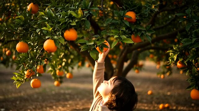 Child reaching for orange fruit on tree