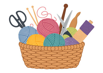 "Knitting and Crochet Basket Illustration ,Wool Yarn Balls with Scissors, Hooks, and Needles for Crafters and DIY Design"