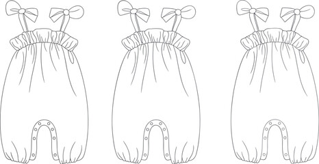 Adorable Baby Smocked Romper Flat Lay Design with Bow Shoulder Ties, Cute Infant Apparel Template, Blank Toddler Summer Outfit Fashion Sketch.